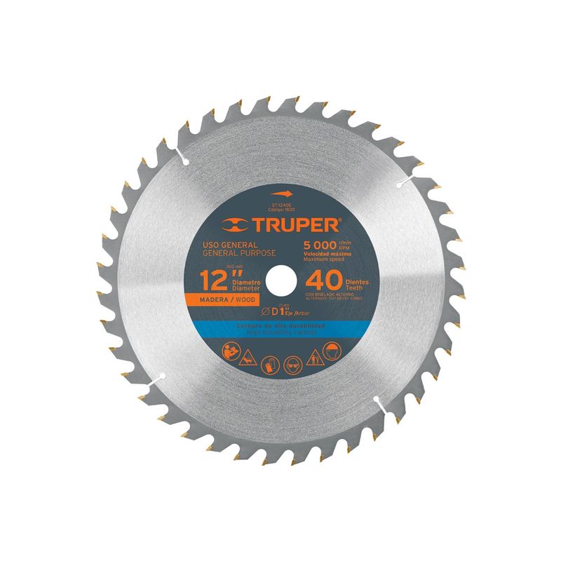 TRUPER - Disco sierra 12" para madera, 40 dientes centro 1", Truper