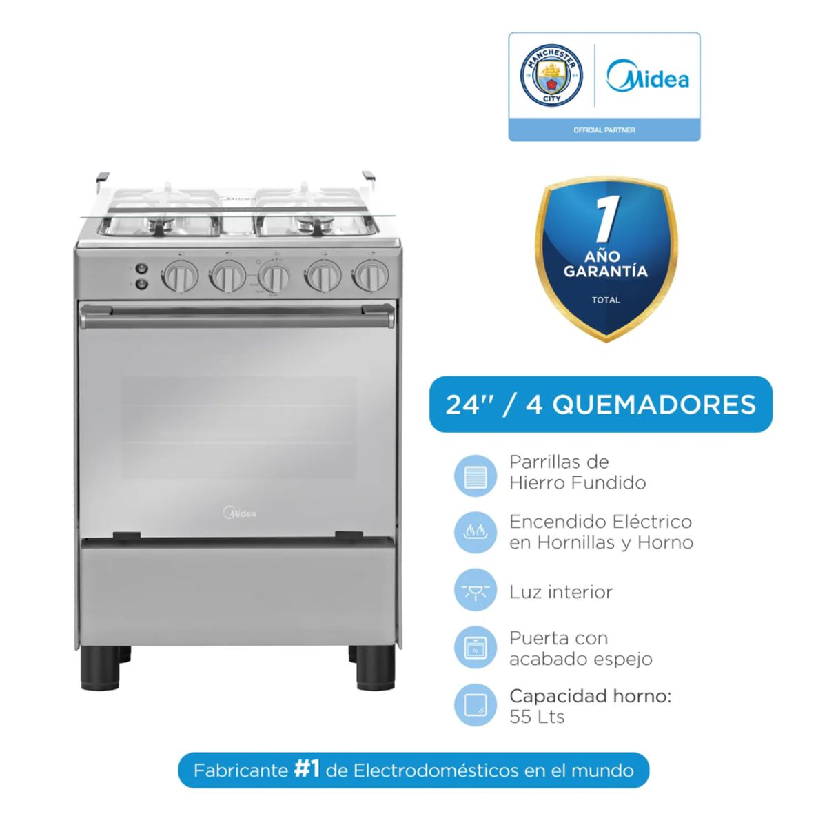 MIDEA - COCINA DE PIE MIDEA A GAS 4 HORNILLAS SILVER