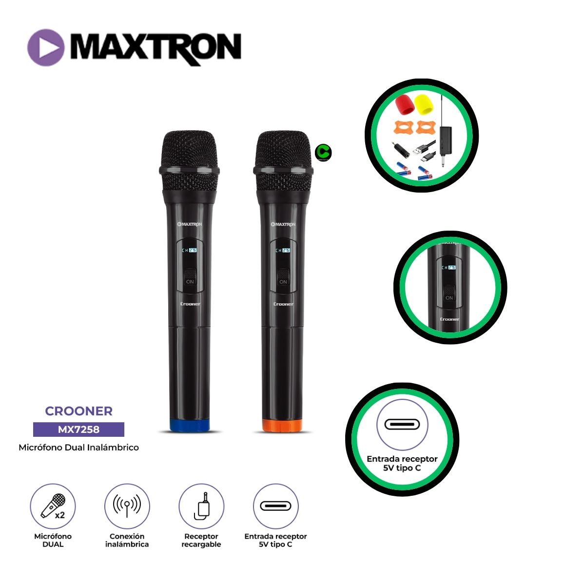 MAXTRON - Micrófono MAXTRON Modelo MX7258 Profesional 2 Inalámbrico
