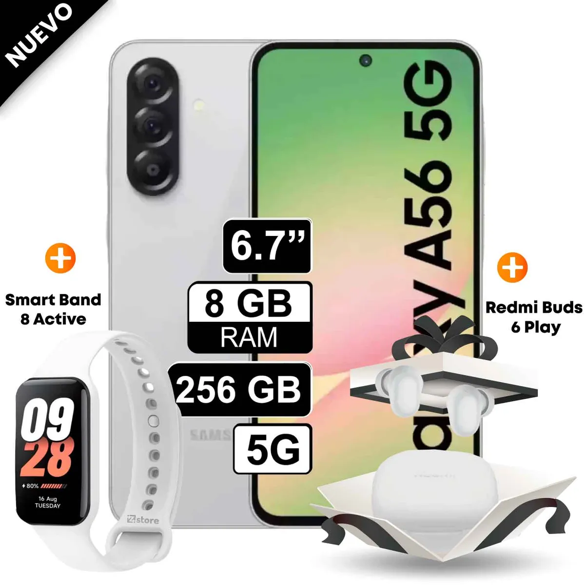 SAMSUNG - Celular Samsung Galaxy A56 5G 256GB 8GB RAM Blanco + Redmi Buds 6 Play + Xiaomi Smart Band 8 Active