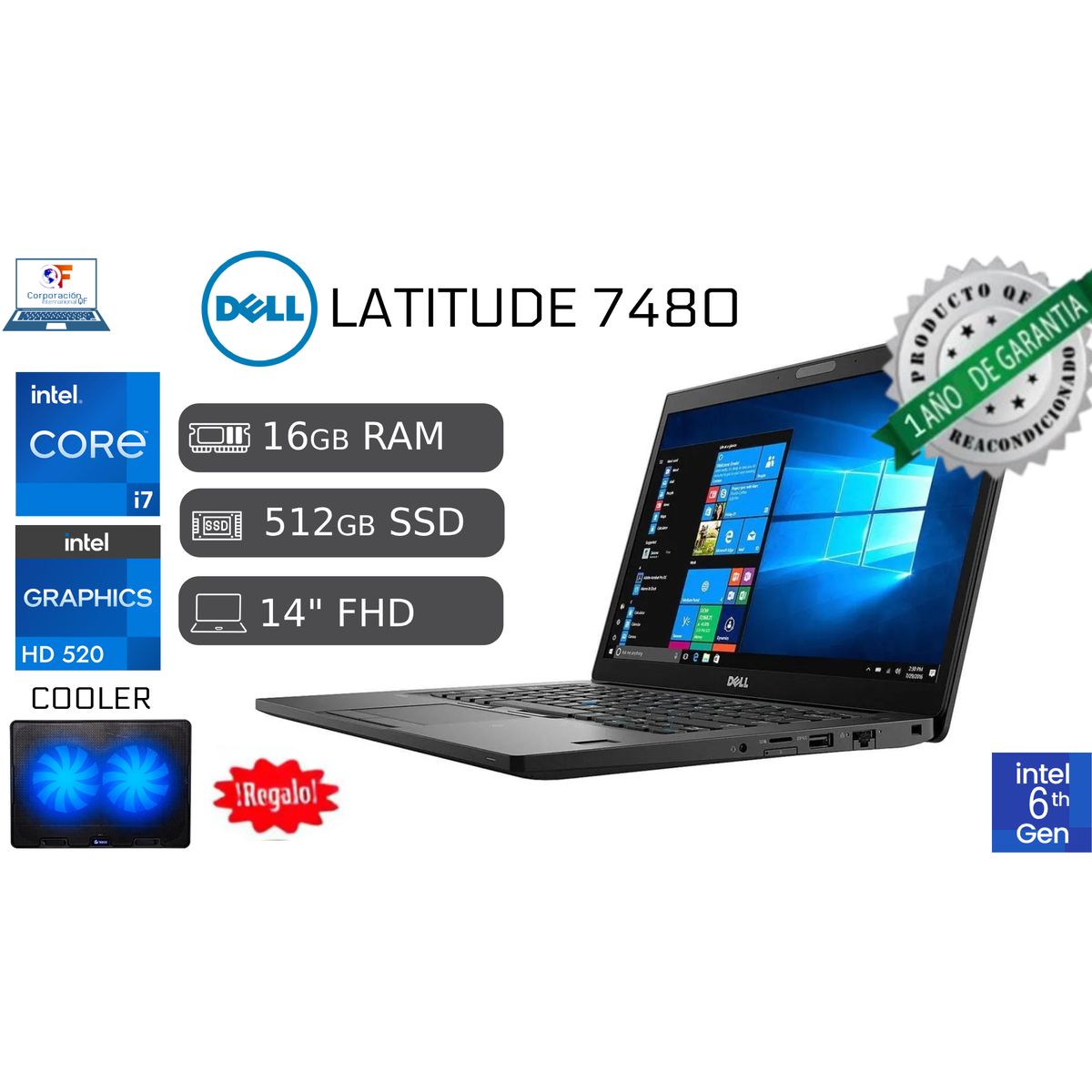 DELL - Laptop Dell Latitude 7480 Ci7 6ta 16gb Ram 512gb Ssd 14" Reacondicionada 1 año garantia + COOLER
