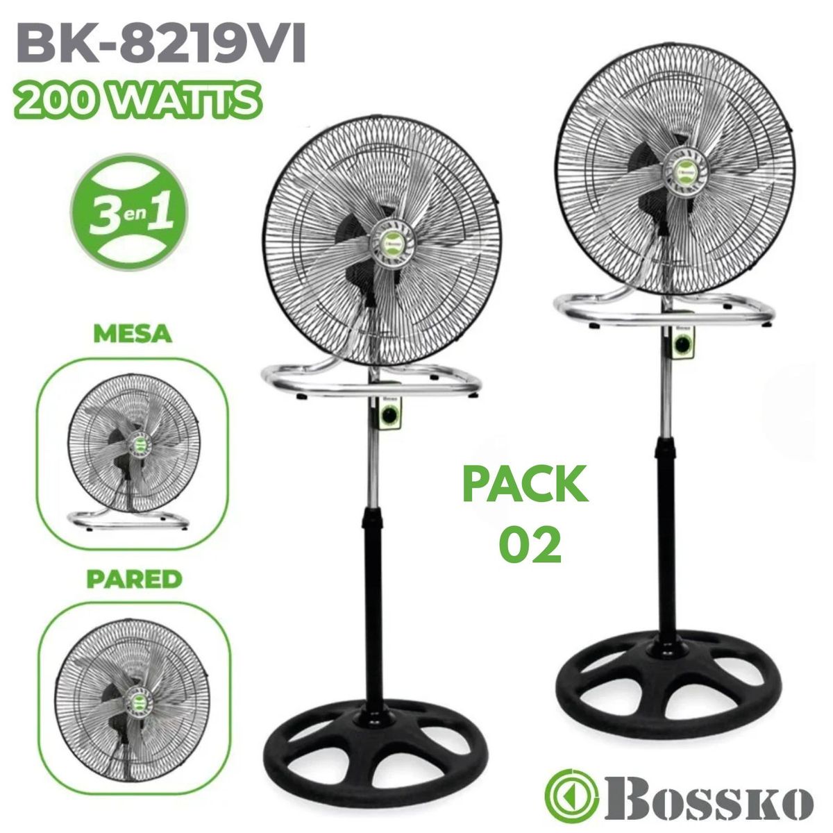 BOSSKO - Pack 02 unidades Ventilador Bossko BK 8219 Negro 200 Watts, 3 en 1