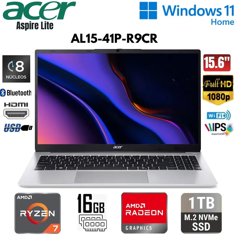 ACER - Laptop Acer Aspire AL15-41P-R9CR AMD Ryzen 7-5700U 16GB RAM 1TB SSD 156 FHD IPS WIN11