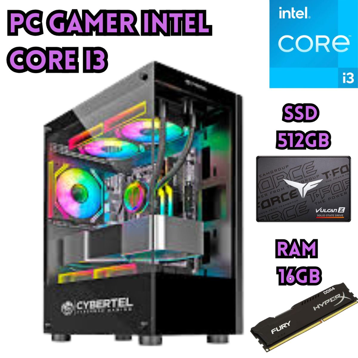 INTEL - COMPUTADORA PC RGB INTEL CORE I3 SSD 500GB RAM 16GB