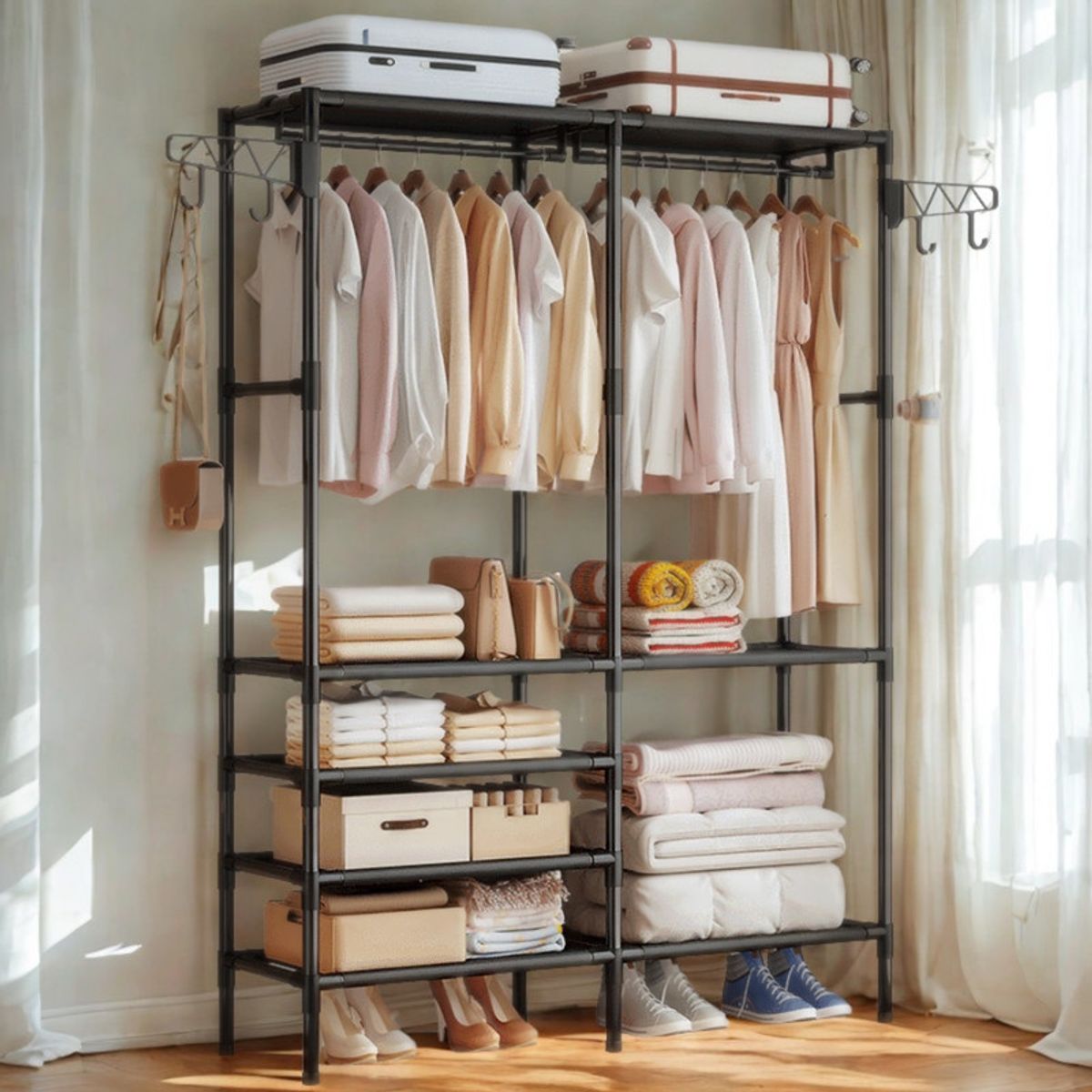 PENTHA - Organizador De Ropa Tipo Perchero Zapatera Armario Negro
