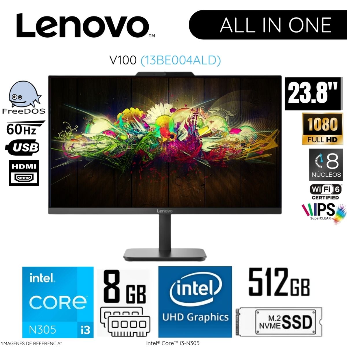 LENOVO - All in One Lenovo V100 Intel Core i3-N305 8GB RAM 512GB SSD 23.8"  FHD IPS