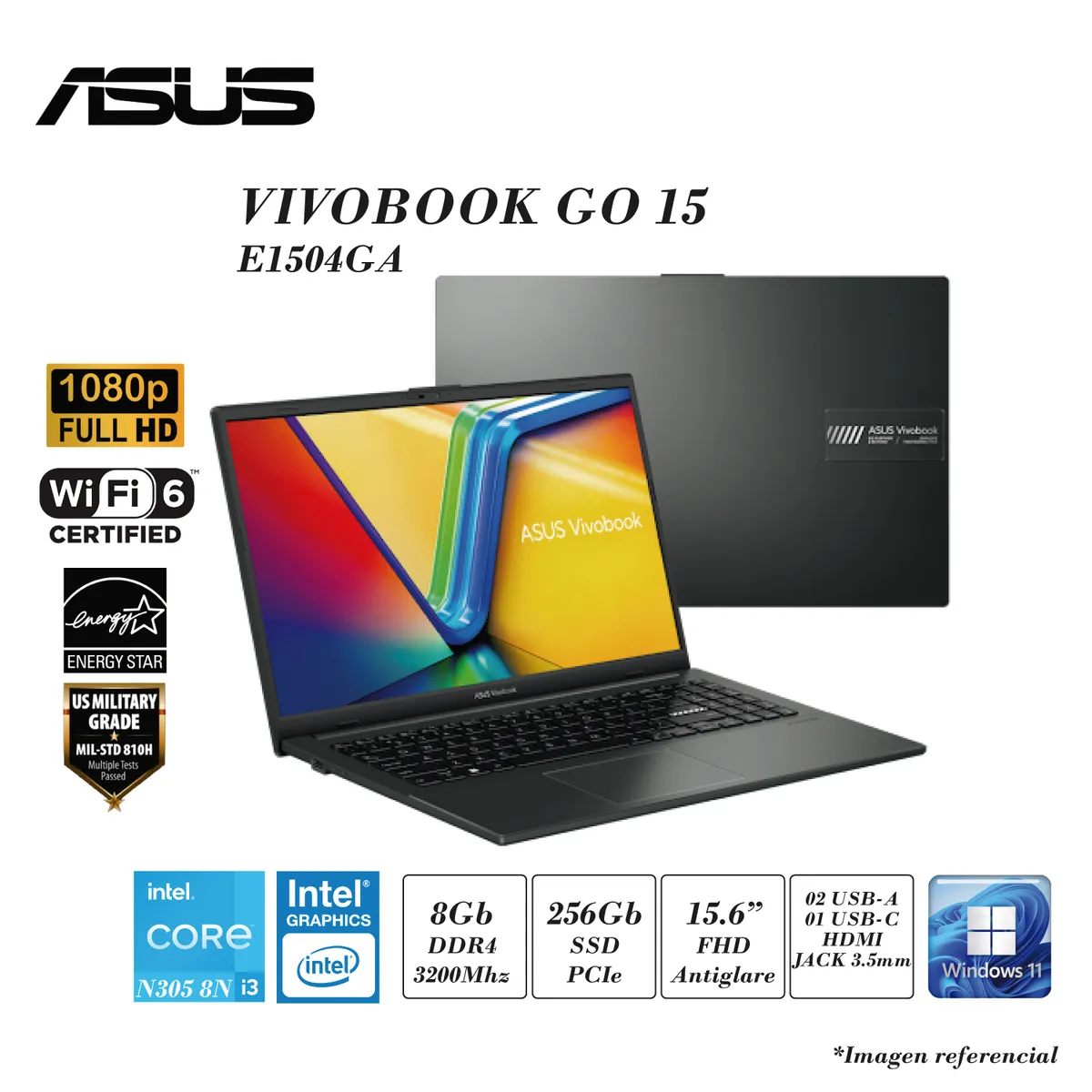ASUS - LAPTOP ASUS VIVOBOOK GO 15 INTEL I3-N305 8N 8GB RAM 256GB SSD INTEL UHD 15.6 FHD FD