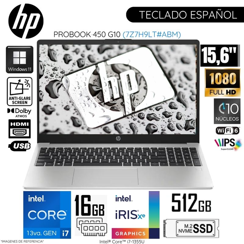 HP - Laptop HP ProBook 450 G10 Intel Core i7-1355U 16GB RAM 512GB SSD 15.6"  FHD WIN 11 Pro - 7Z7H9LT