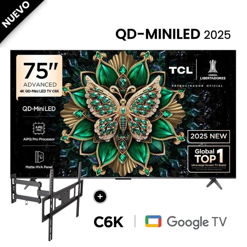 TCL - Televisor TCL Mini LED 75 QD UHD 4K Smart Google TV 75C6K + Rack Giratorio
