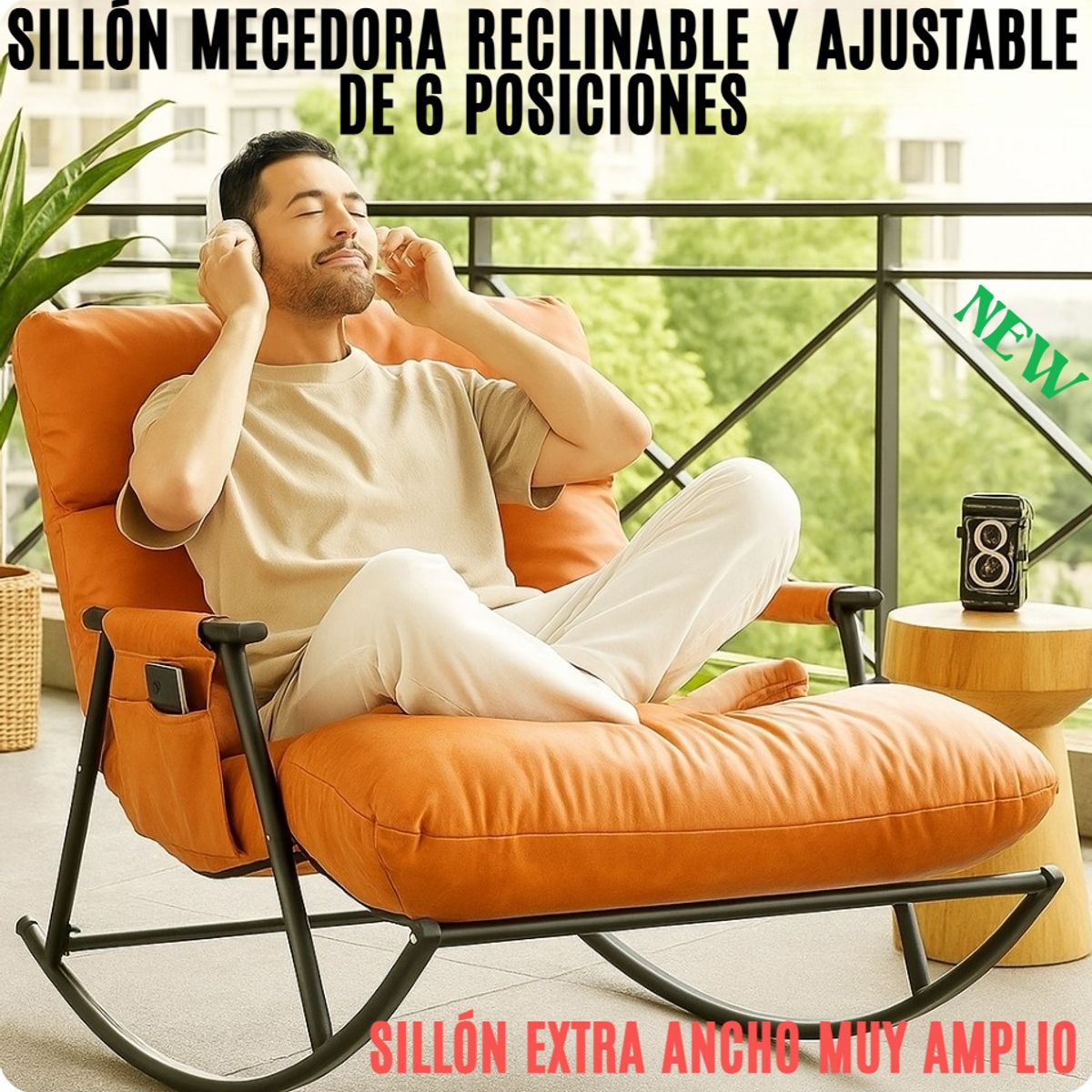 GENERICO - SILLA SILLÓN MECEDORA SOFÁ RECLINABLE COLUMPIO EXTRA GRANDE AMPLIO AJUSTABLE 6 POSICIONES NARANJA