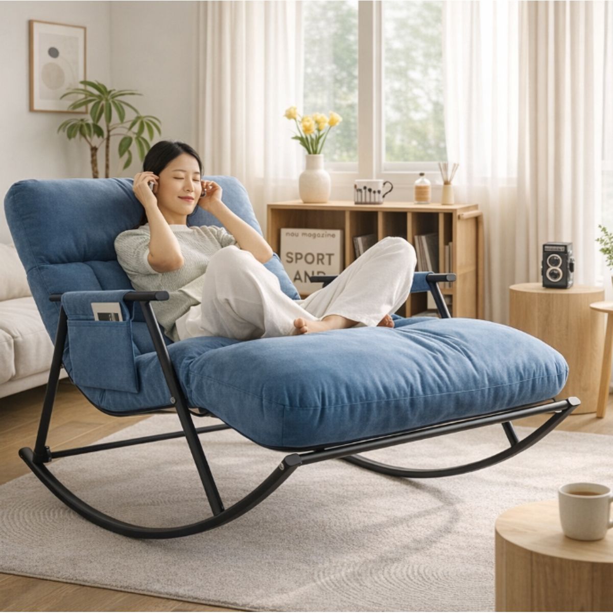 GENERICO - SILLA MECEDORA SILLÓN SOFÁ RECLINABLE COLUMPIO EXTRA GRANDE RECLINABLE AJUSTABLE 6 POSICIONES AZUL