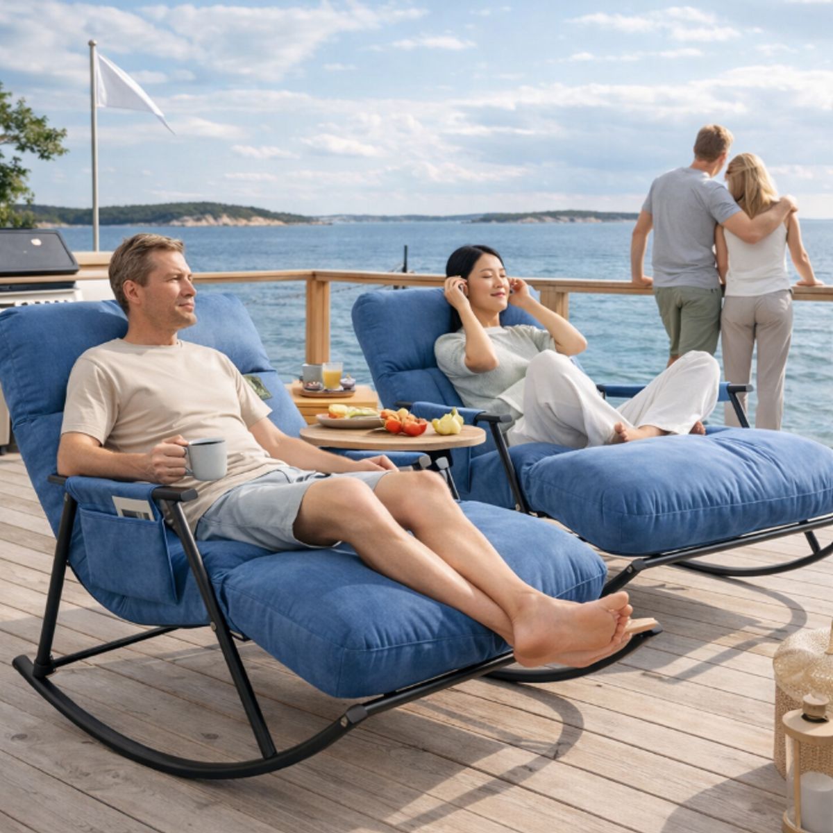 GENERICO - SILLA MECEDORA SILLÓN SOFÁ RECLINABLE COLUMPIO EXTRA GRANDE RECLINABLE AJUSTABLE 6 POSICIONES AZUL