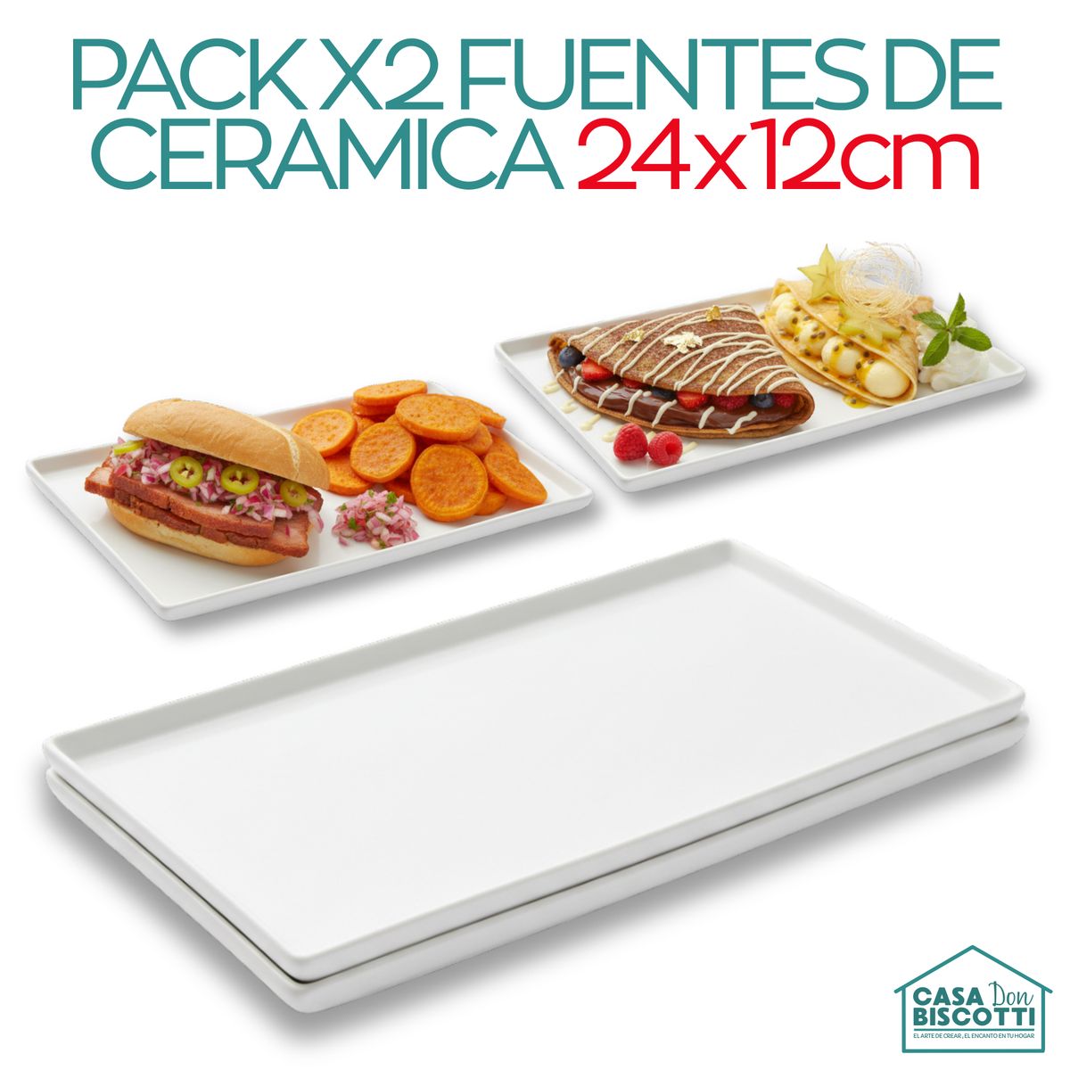 GENERICO - Fuente de Cerámica Rectangular Blanco 24x12cm PACK x2 - Plato Azafate Rectangular Cerámica Blanca