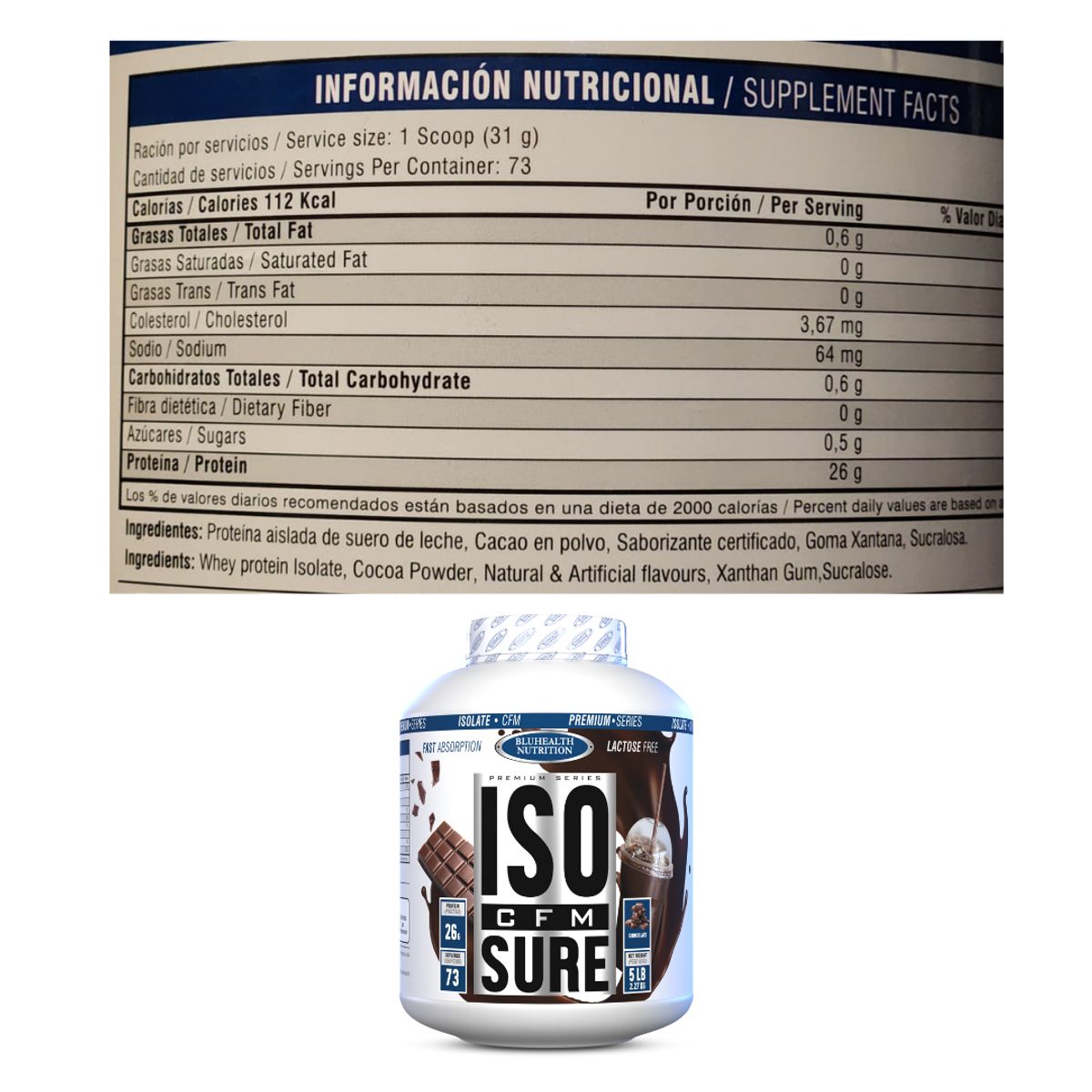 GENERICO - ISO CFM SURE 5 LB Bluhealth Chocolate + Shaker + Portaproteina