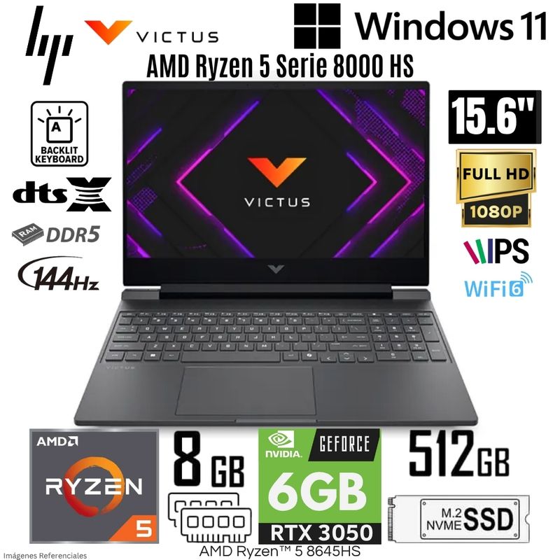 HP - Laptop HP Victus Gaming 15-FB2002LA AMD Ryzen 5 8645HS 8GB RAM 512GB SSD RTX 3050-6GB 15.6"  FHD