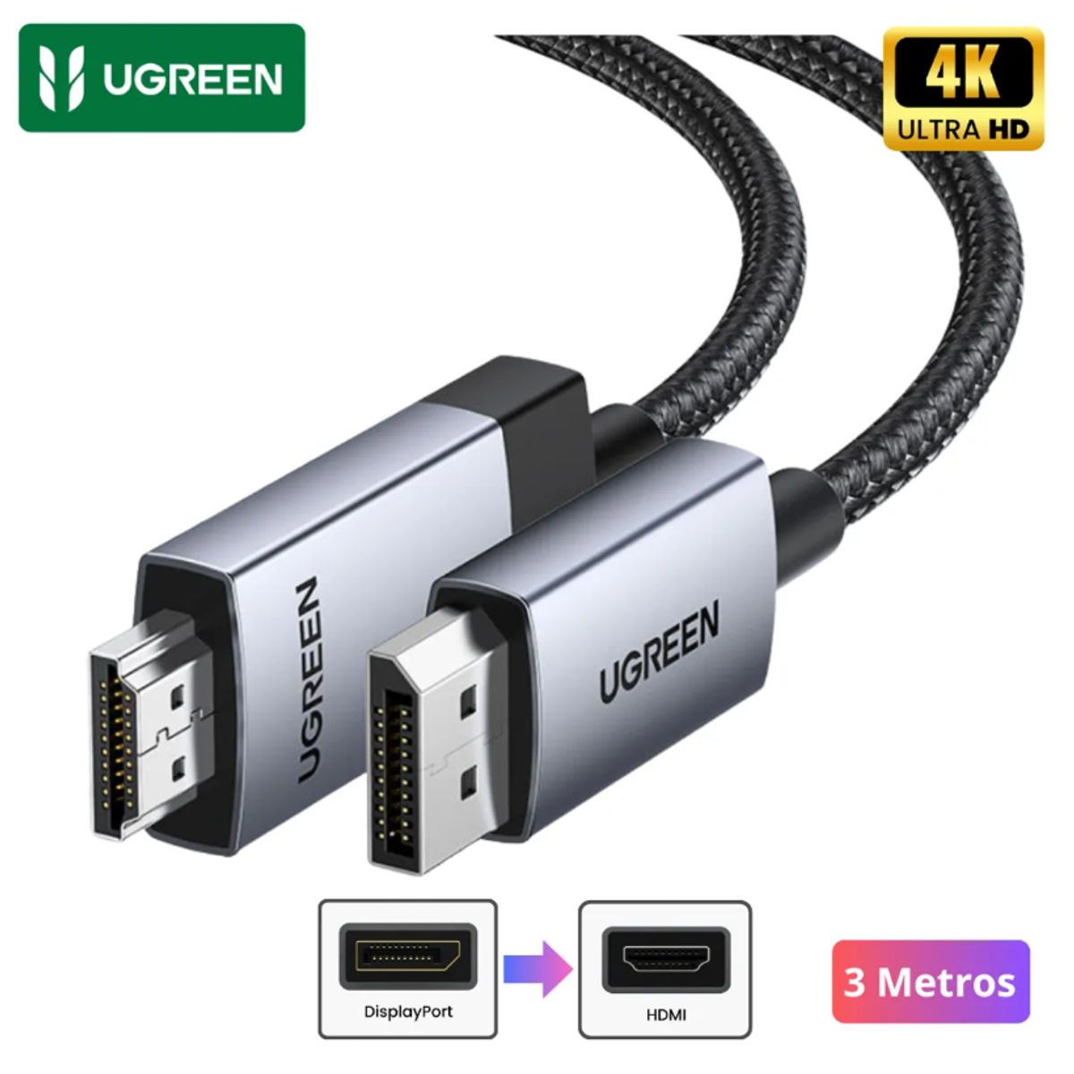 UGREEN - Ugreen Cable Displayport A Hdmi 3m 4k 60hz Nylon 25491