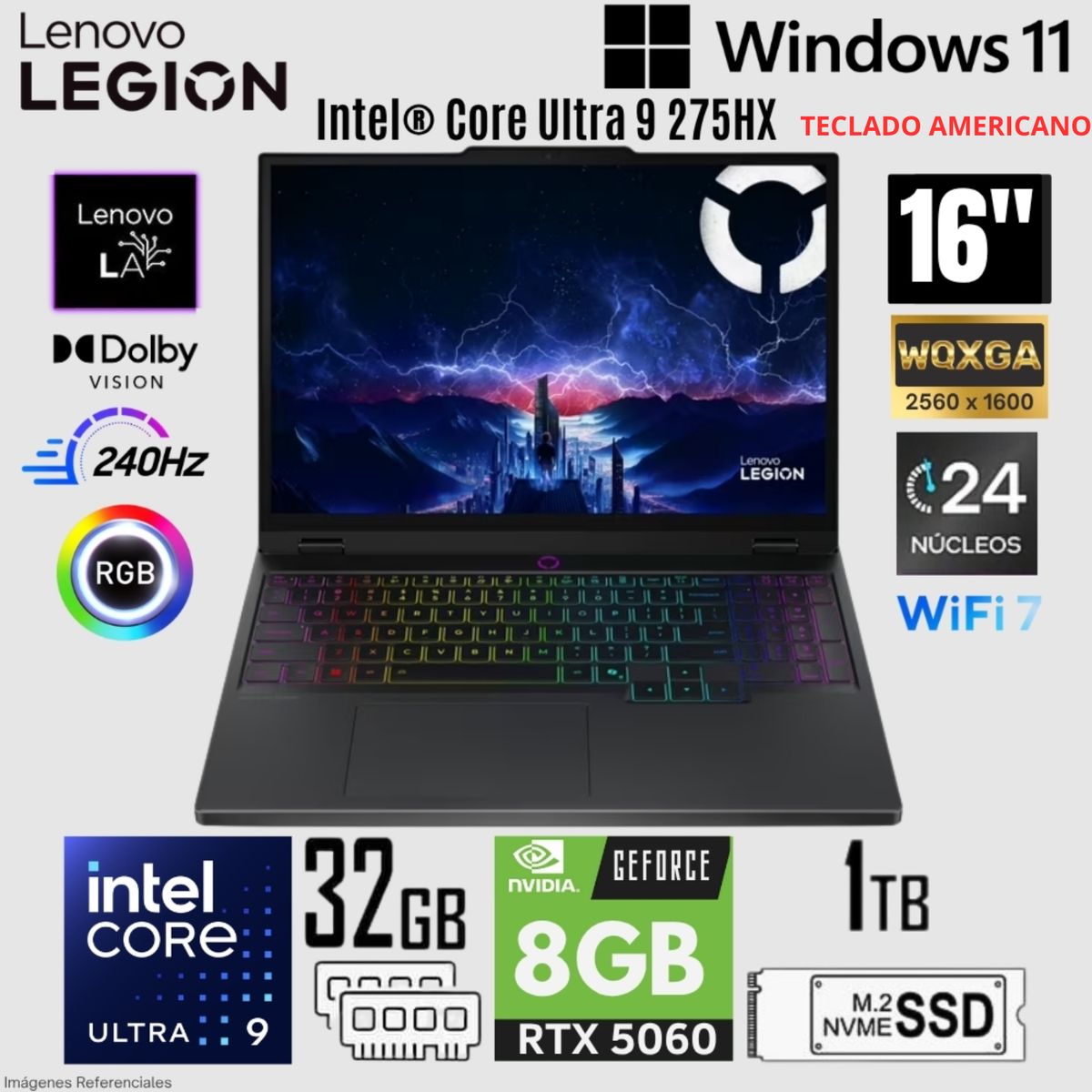 LENOVO - Laptop Lenovo Legion 5 16IAX10 Intel Core Ultra 9 275HX 32GB RAM 1TB SSD RTX 5060-8GB 16"  WQXGA