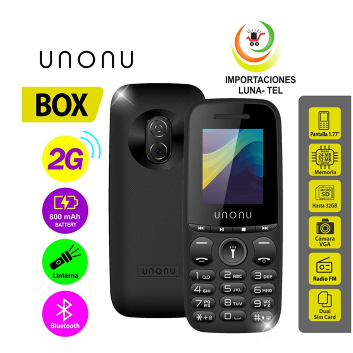 UNONU - CELULAR BASICO UNONU BOX   2G PANTALLA 1.77" COLOR NEGRO