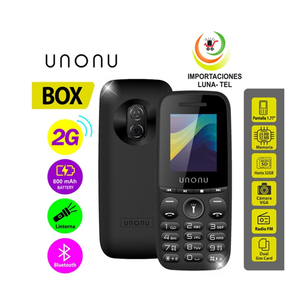 UNONU - CELULAR BASICO UNONU BOX   2G PANTALLA 1.77" COLOR NEGRO