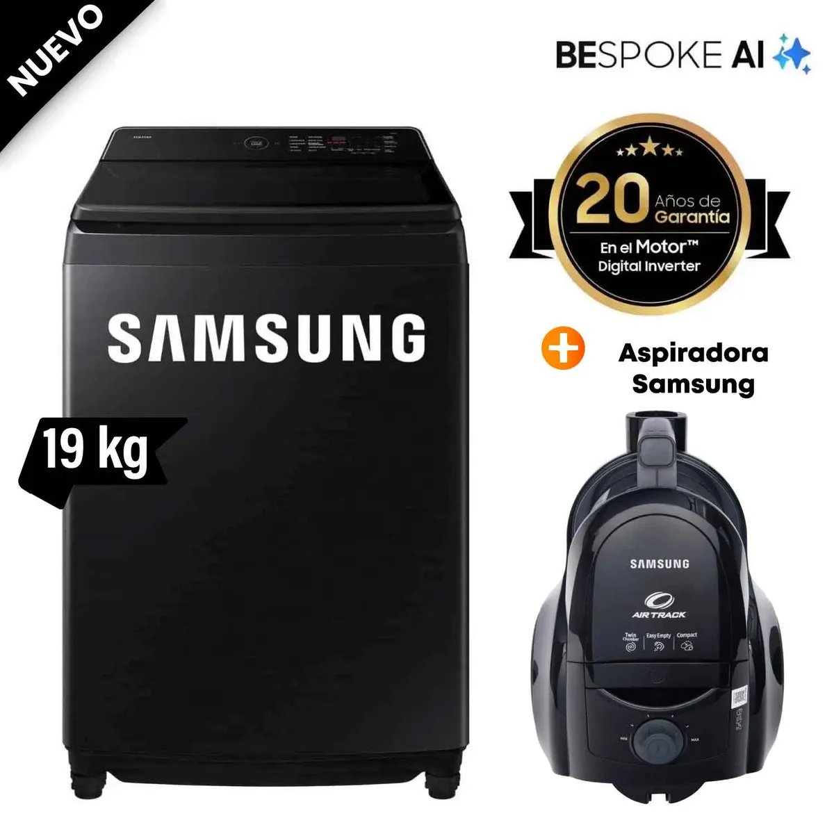 SAMSUNG - Lavadora Samsung 19Kg WA80F19S8B AI WASH ECOBUBBLE™ Negro + Aspiradora Samsung VCC4580V3K