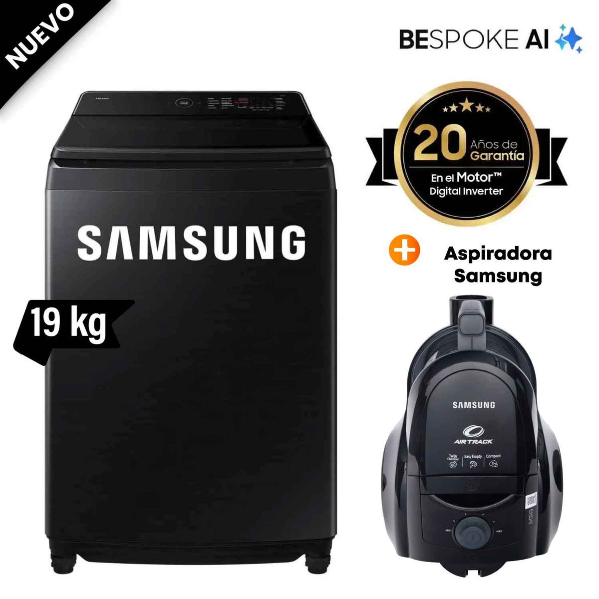 SAMSUNG - Lavadora Samsung 19Kg WA80F19S8B AI WASH ECOBUBBLE™ Negro + Aspiradora Samsung VCC4580V3K