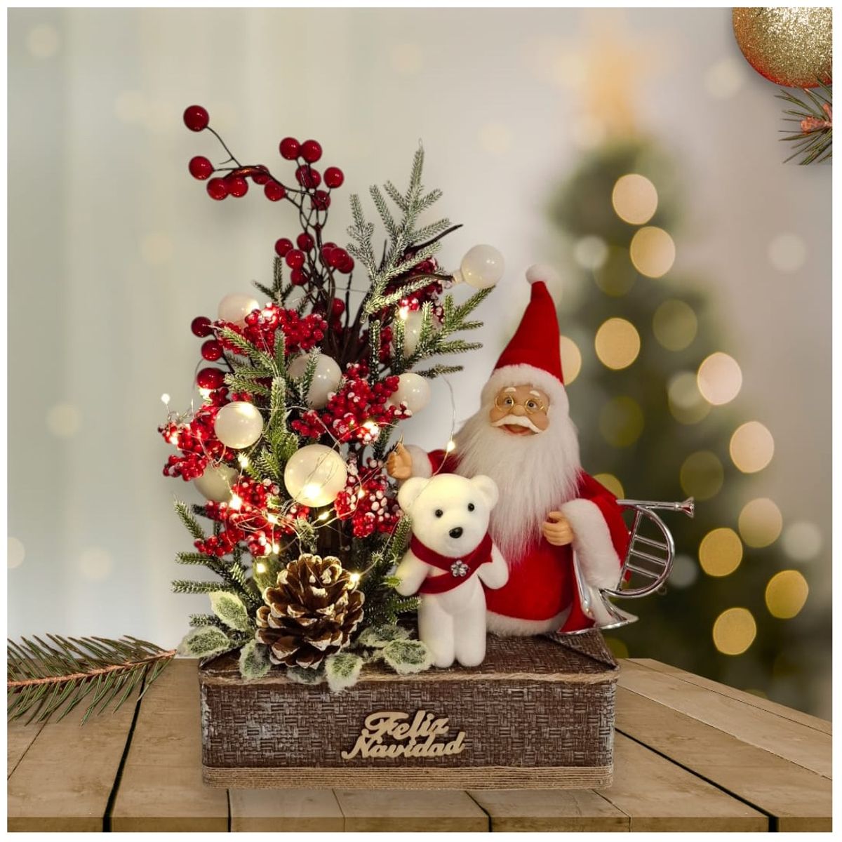 GENERICO - Mini Árbol de Navidad con frutos y Papa Noel con Oso Polar