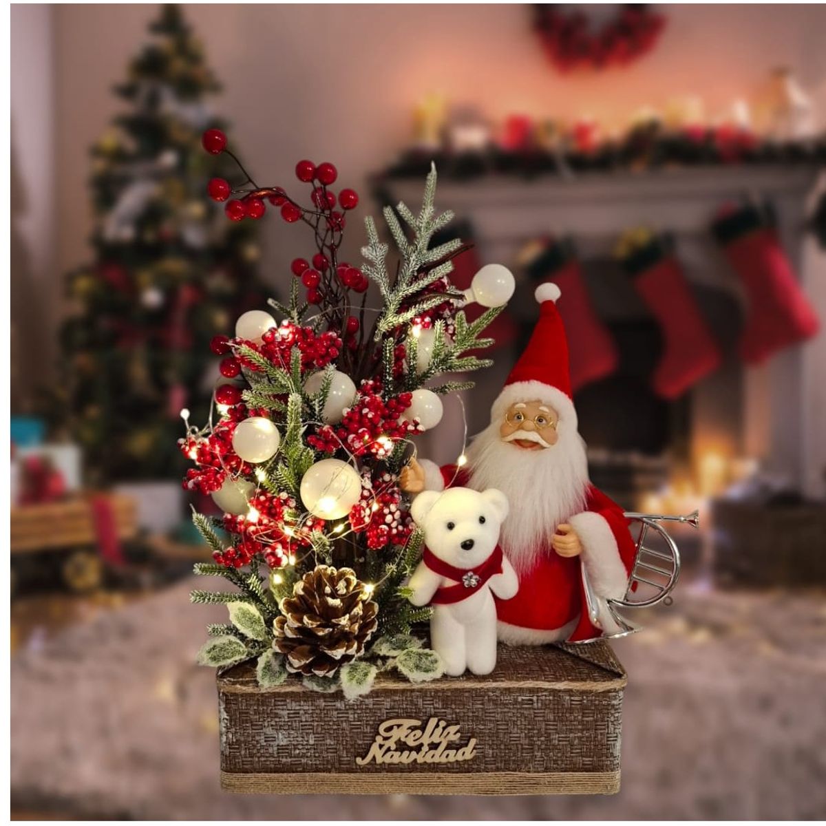 GENERICO - Mini Árbol de Navidad con frutos y Papa Noel con Oso Polar