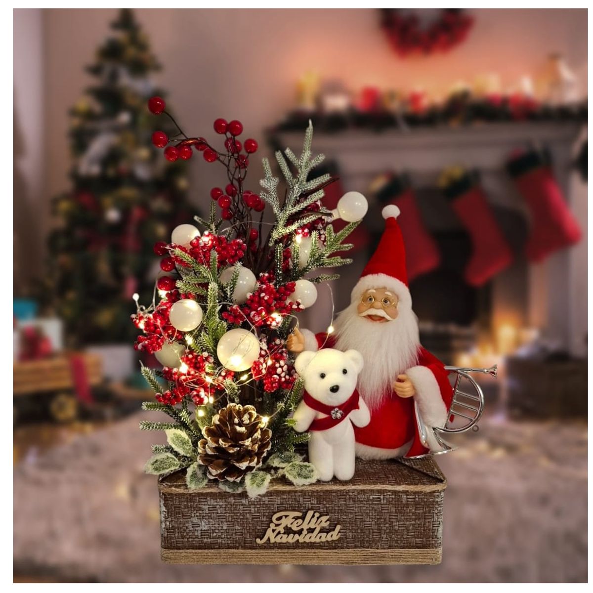 GENERICO - Mini Árbol de Navidad con frutos y Papa Noel con Oso Polar