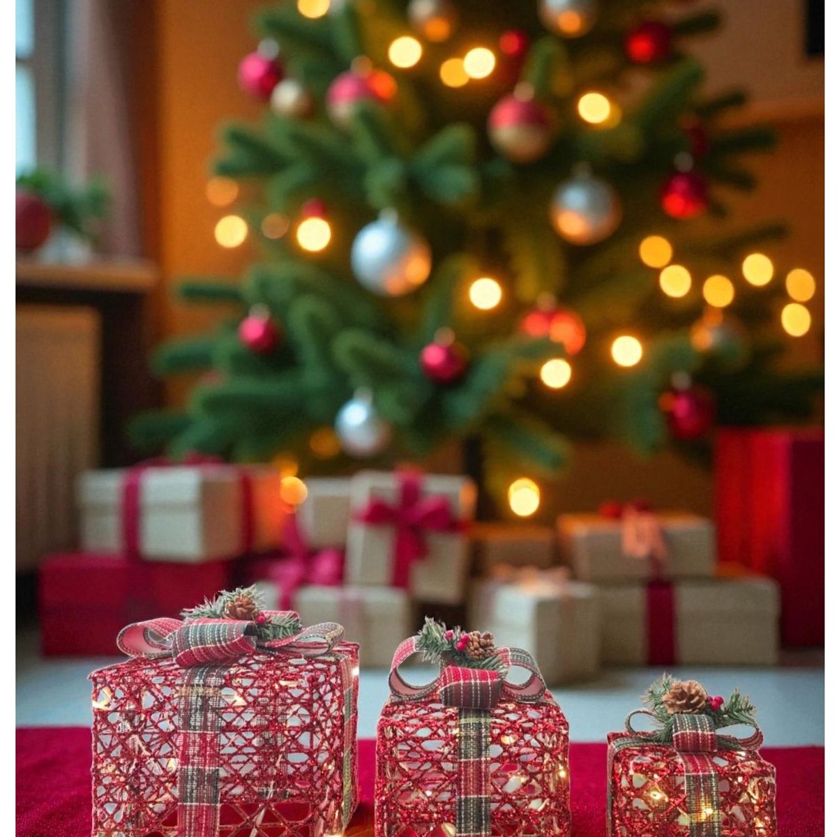 GENERICO - Set Caja De Regalo De Navidad Con Luces Rojo