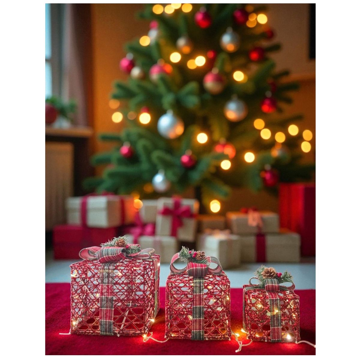 GENERICO - Set Caja De Regalo De Navidad Con Luces Rojo