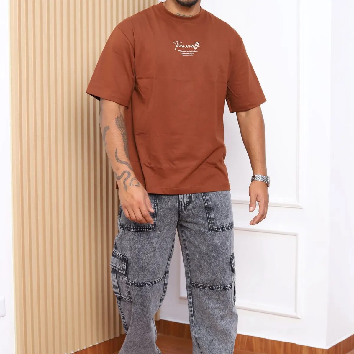 QH - Pantalón Baggy Cargo Hombre  Denim 100% Algodón
