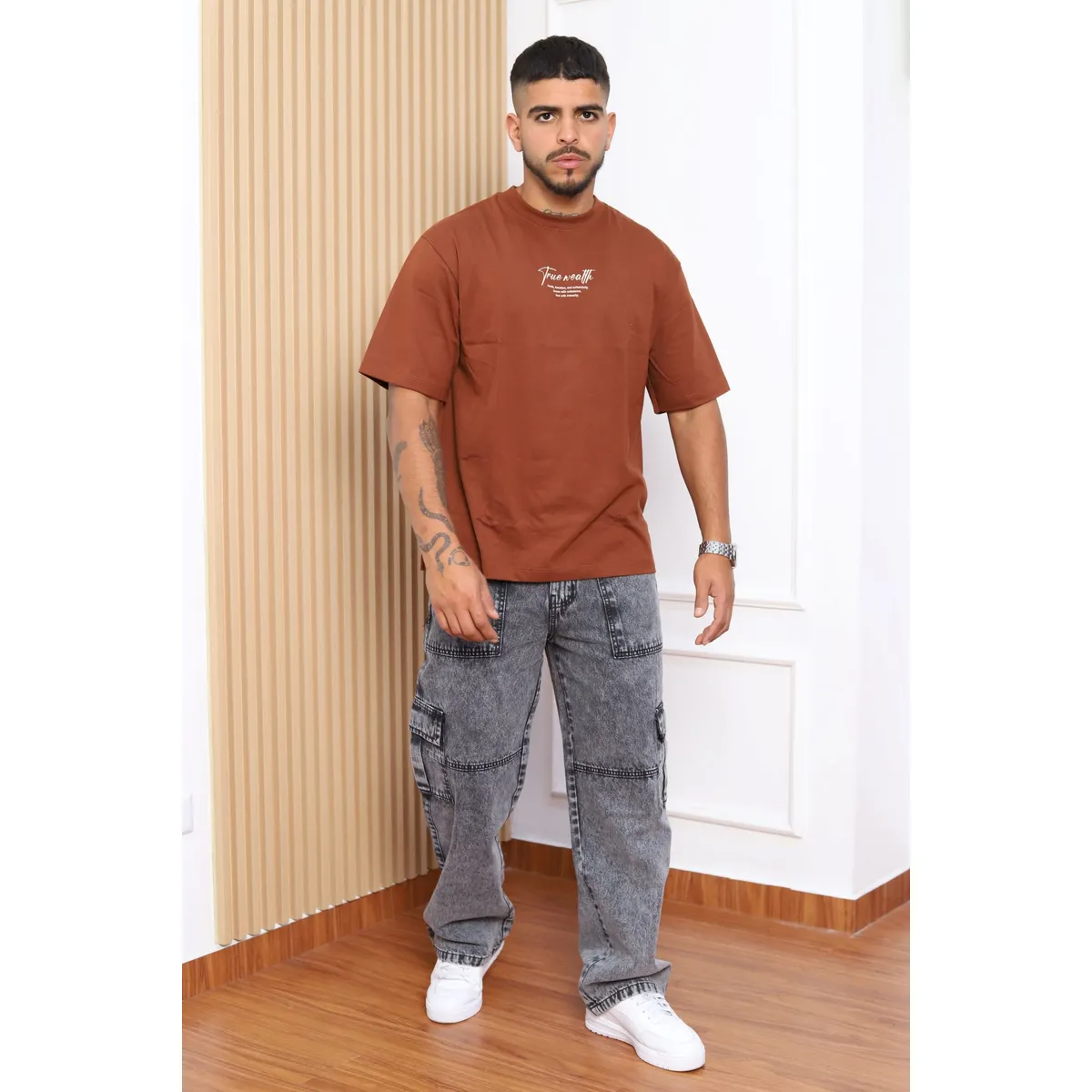 QH - Pantalón Baggy Cargo Hombre  Denim 100% Algodón