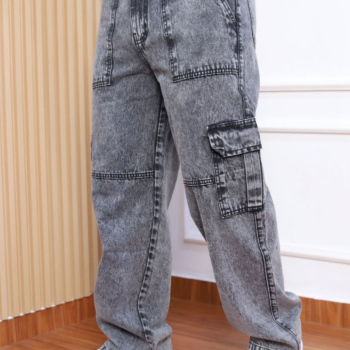 QH - Pantalón Baggy Cargo Hombre  Denim 100% Algodón