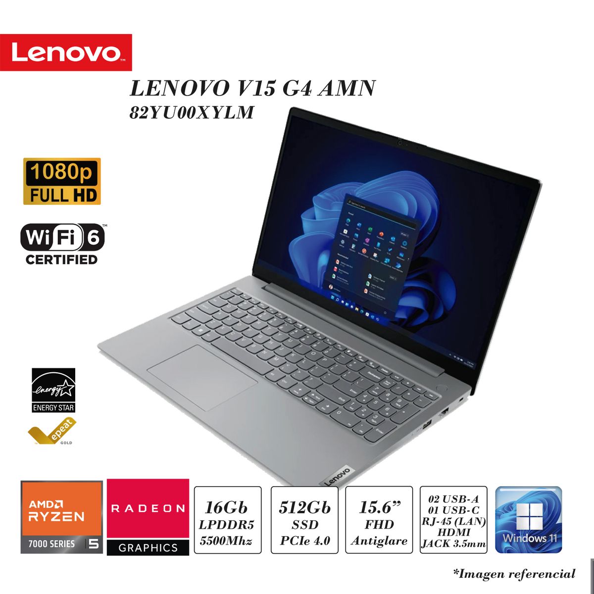 LENOVO - LAPTOP LENOVO V15 G4 AMN AMD RYZEN 5-7520U 16GB DDR5 512GB SSD 15.6 FHD ARTIC GREY