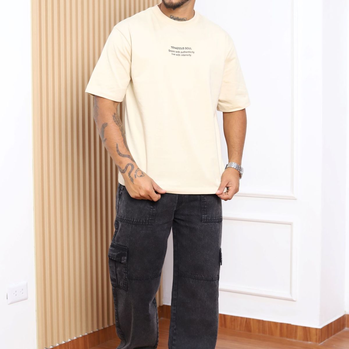 QH - Pantalón Baggy Cargo Hombre  Denim 100% Algodón