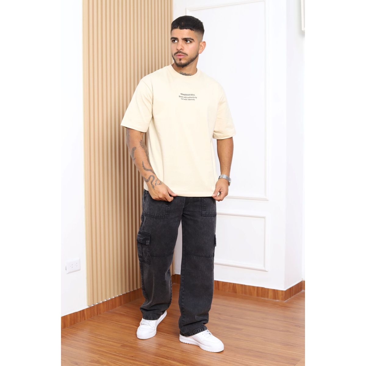 QH - Pantalón Baggy Cargo Hombre  Denim 100% Algodón