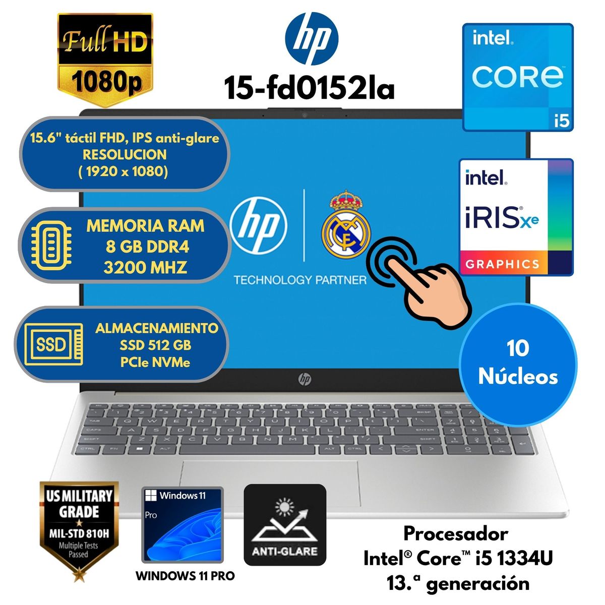HP - Laptop HP Intel Core i5 (15-fd0152la) RAM 8GB SSD 512 GB 15.6" FHD táctil Windows 11