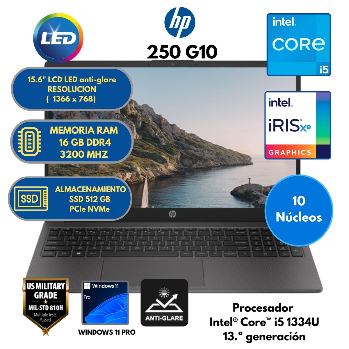HP - Laptop HP Intel Core i5 (250 G10) RAM 16 GB SSD 512 GB 15.6" LCD LED Windows 11 PRO