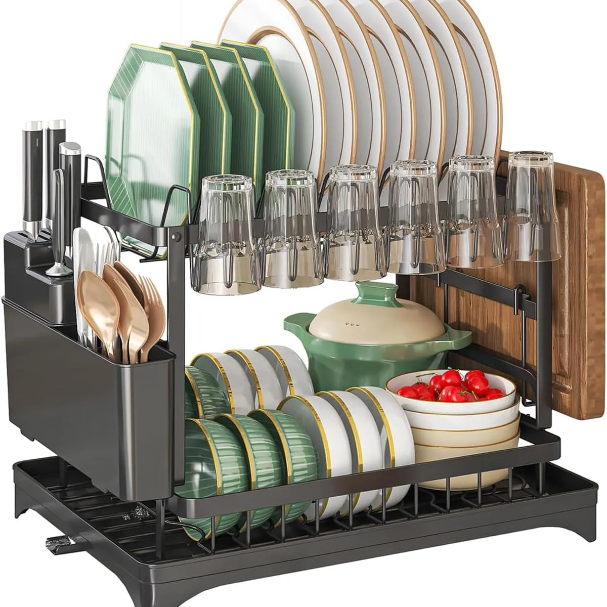 GENERICO - Escurridor de platos de doble capa con drenaje automático Negro