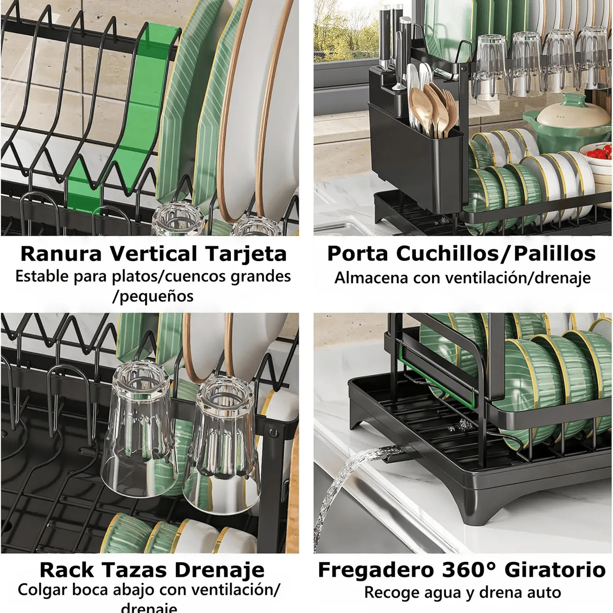 GENERICO - Escurridor de platos de doble capa con drenaje automático Negro