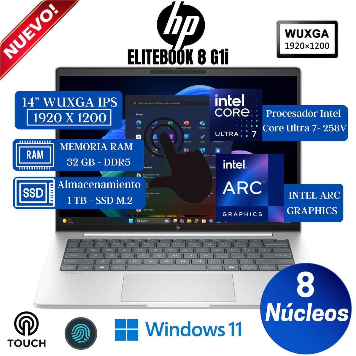 HP - Laptop HP Elitebook 8 G1i 14” WUXGA TACTIL, Core Ultra 7-258V, Ram 32GB, Ssd 1 TB, Win 11 Pro