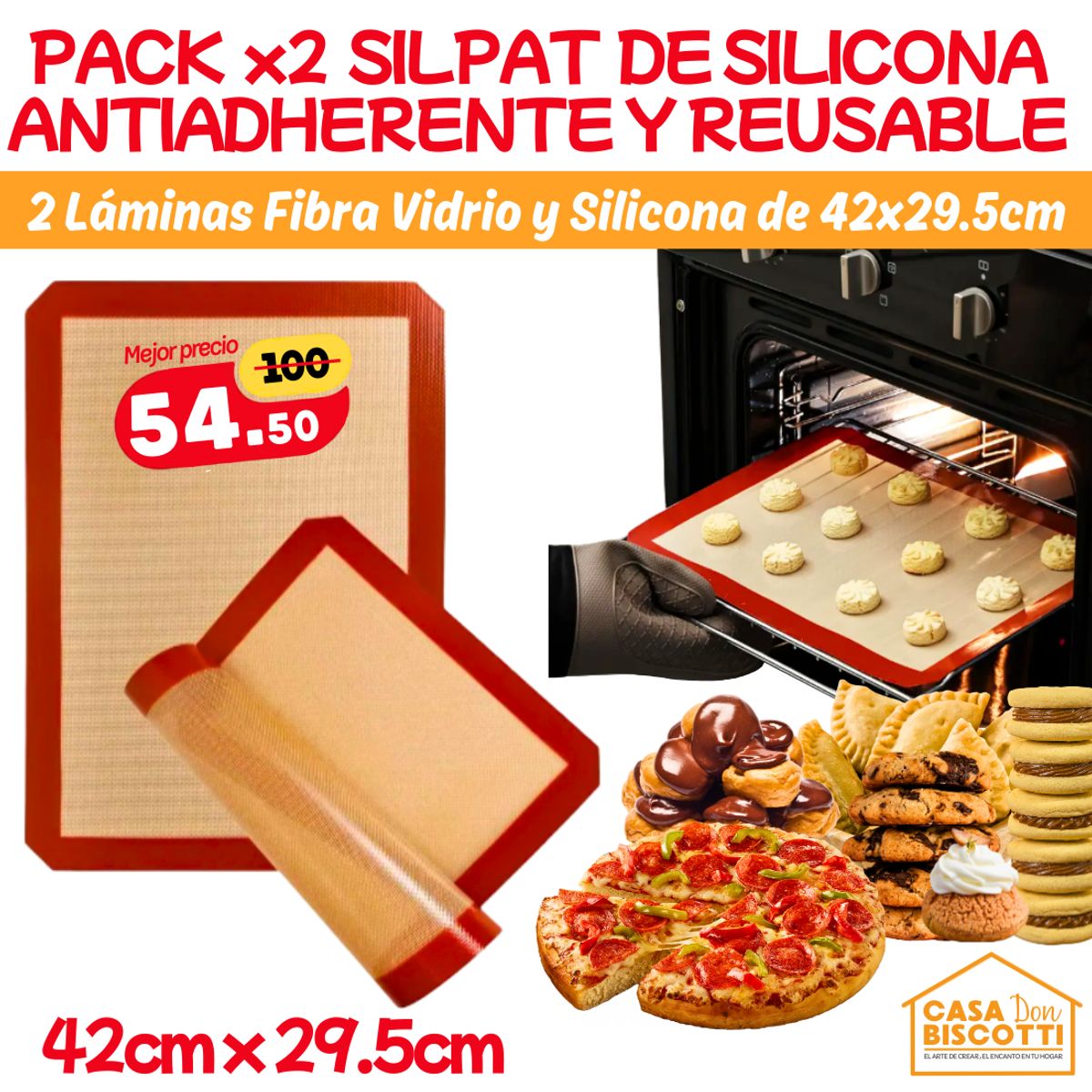 GENERICO - Laminas Silicona Reutilizable Antiadherente para Horno Silpack Silpat 42x30cm PACK x2