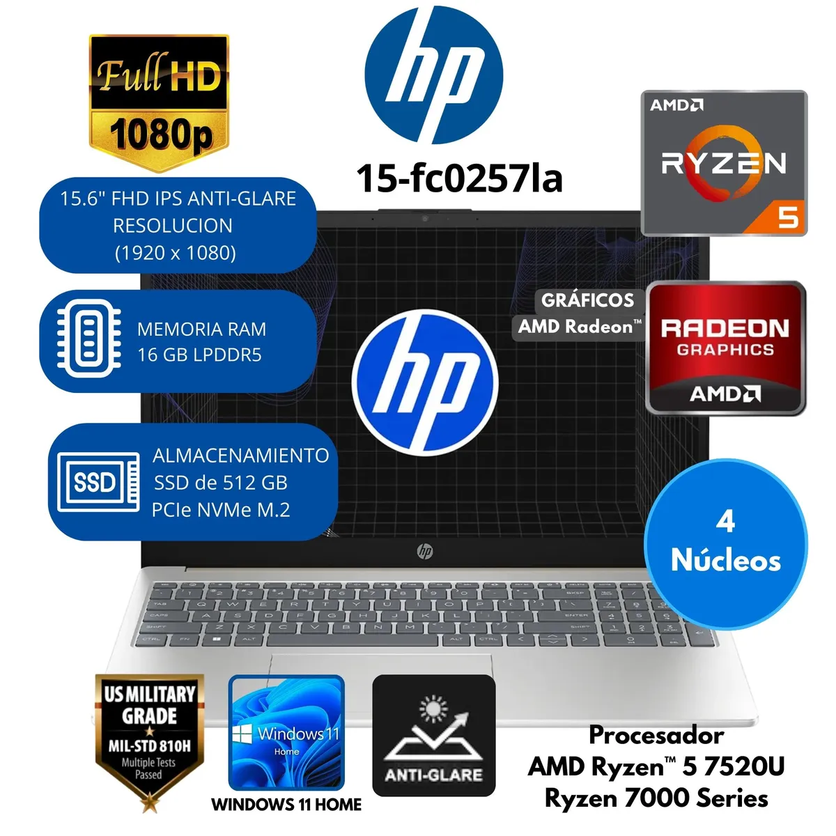 HP - Laptop HP AMD Ryzen 5 (15-fc0257la) RAM 16 GB SSD 512 GB 15.6"FHD Windows 11 HOME