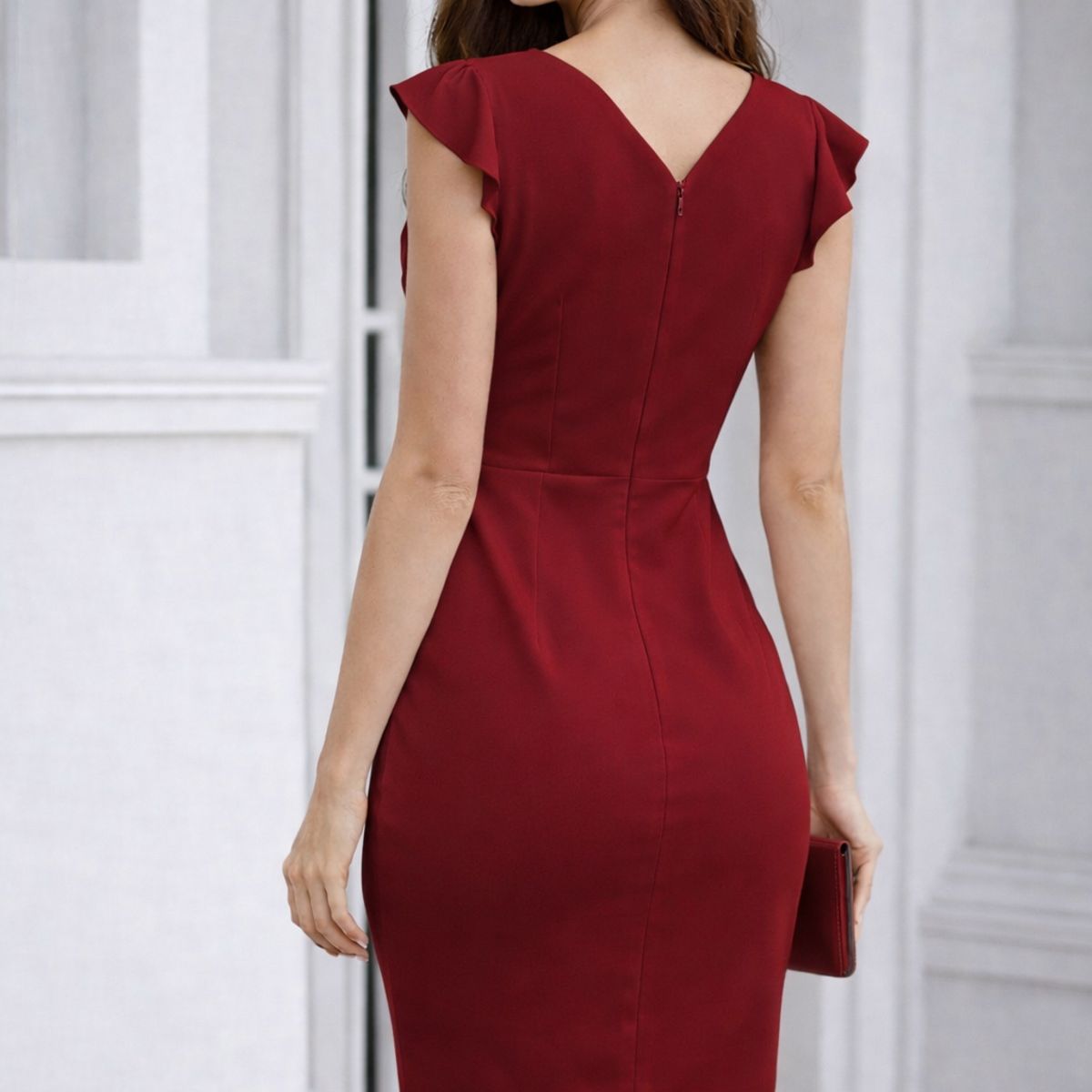 ANA RIVERO - Vestido cóctel Rojo Vino con mangas