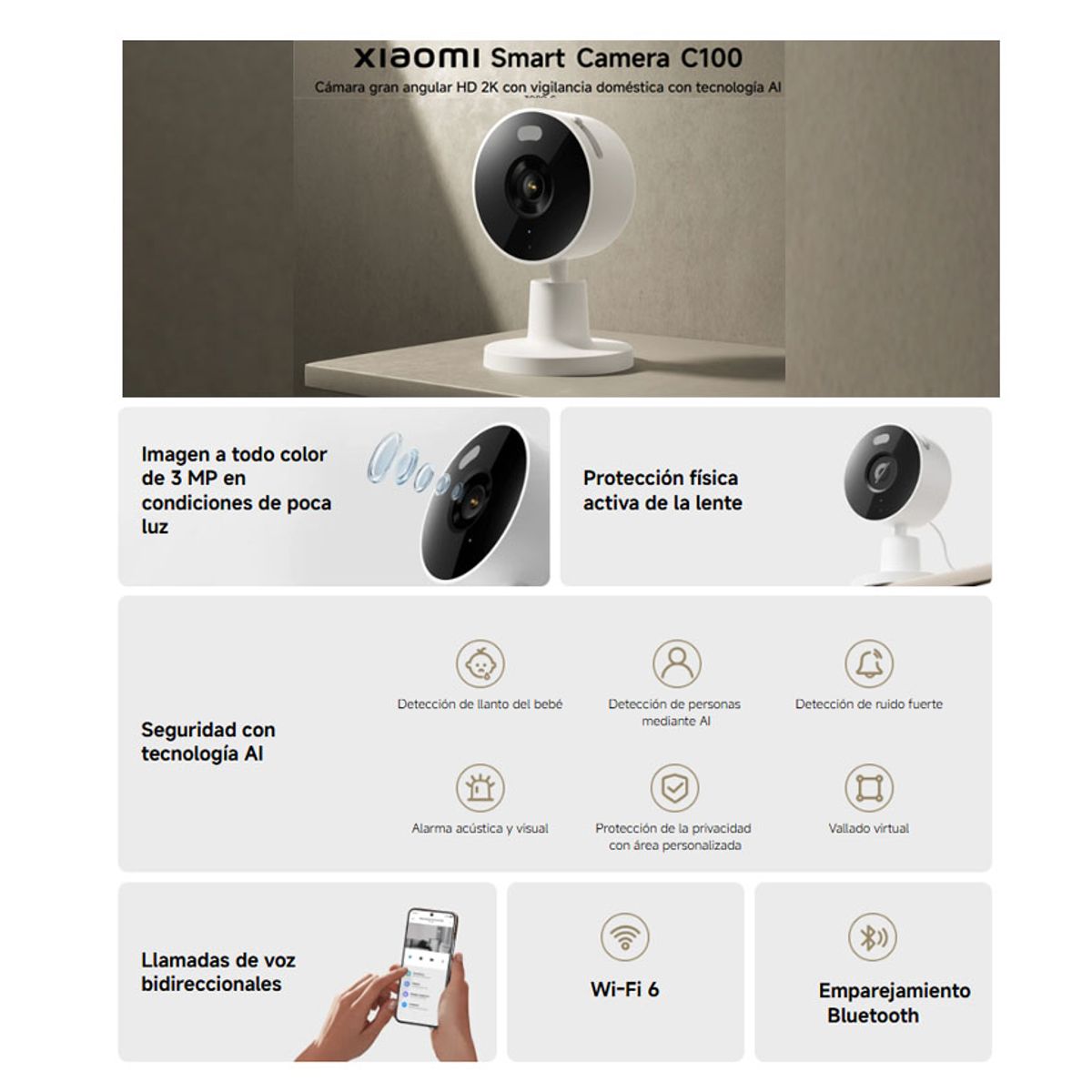 XIAOMI - Xiaomi Smart Camara C100 3MP 2K, WiFi 6