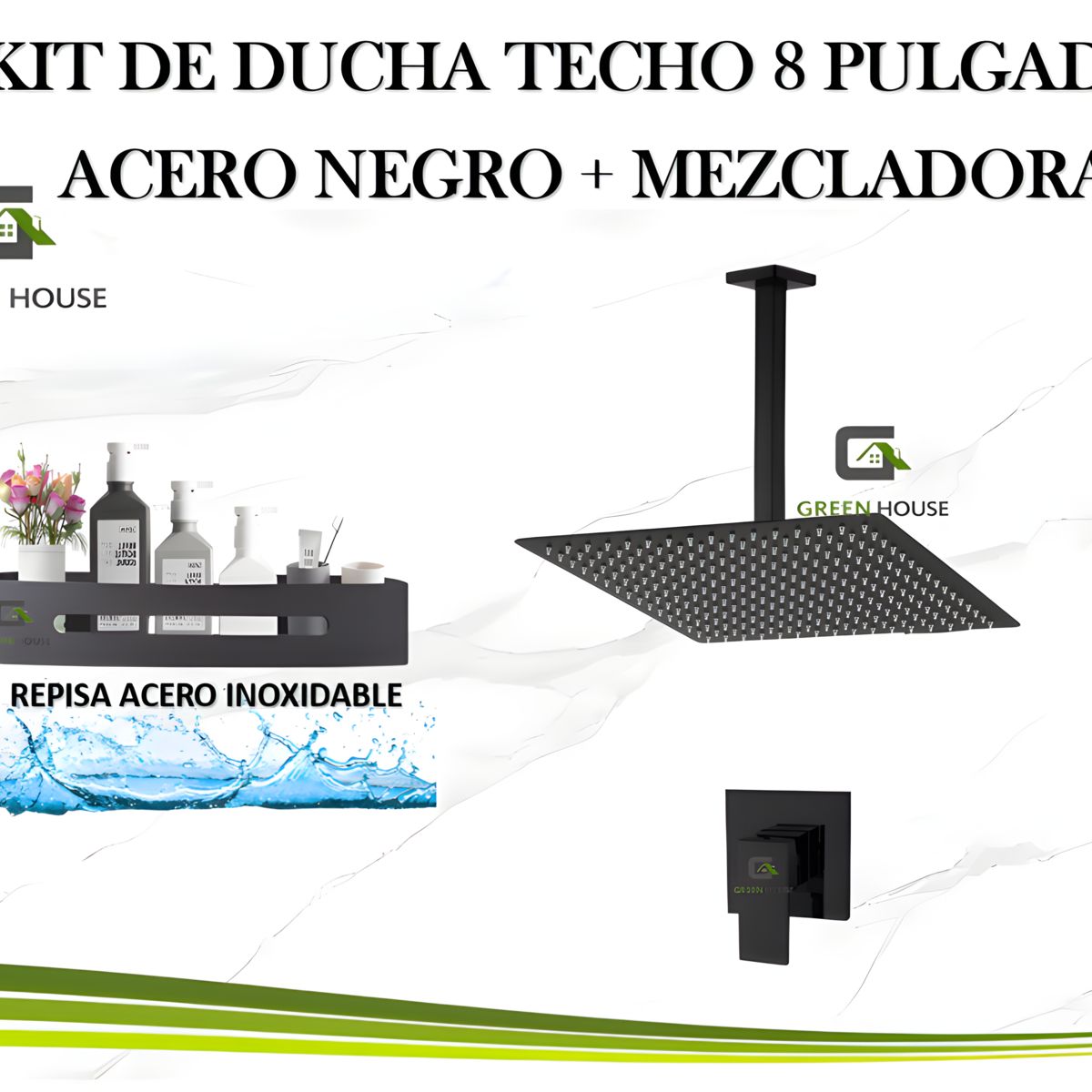 GREEN HOUSE - KIT DE DUCHA TECHO 8 PULGADAS ACERO NEGRO MATE