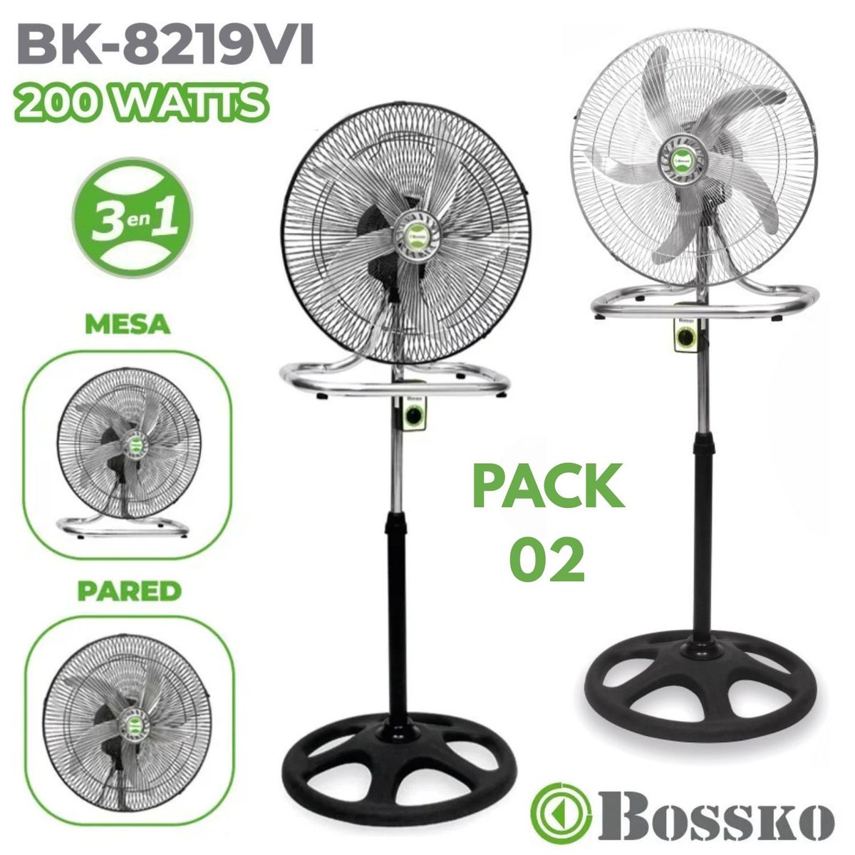 BOSSKO - Pack 02 unidades Ventilador Bossko BK 8219 200W 3 en 1 Color Aleatorio