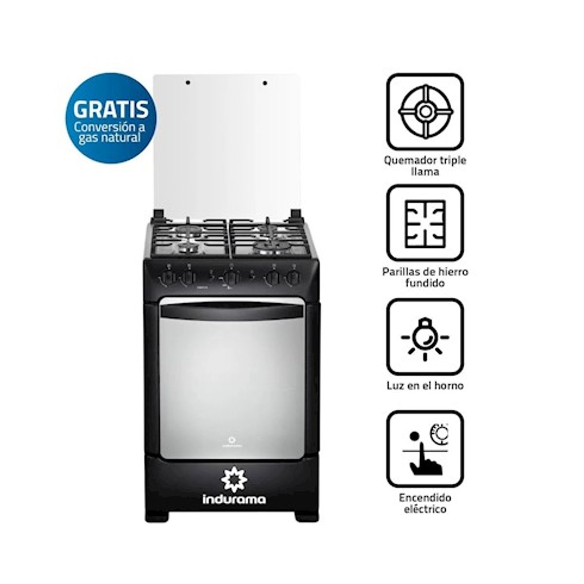 INDURAMA - Cocina a Gas Indurama Pompeya 4 Quemadores - Negra