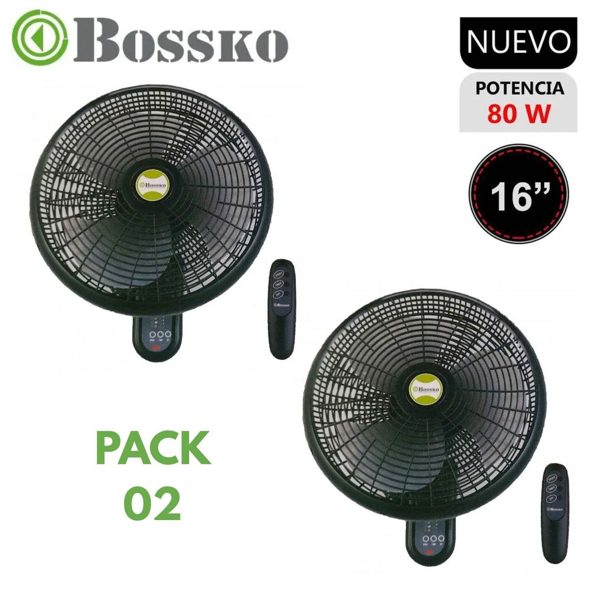 BOSSKO - Pack 02 unidades Ventilador Pared Bossko BK 8210 80W con Control Negro