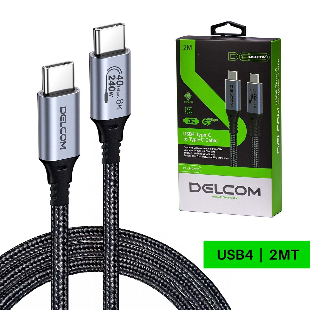 OEM - CABLE TIPO C THUNDERBOLT 4 240W 40GBPS 8K 60HZ 2 METROS DELCOM